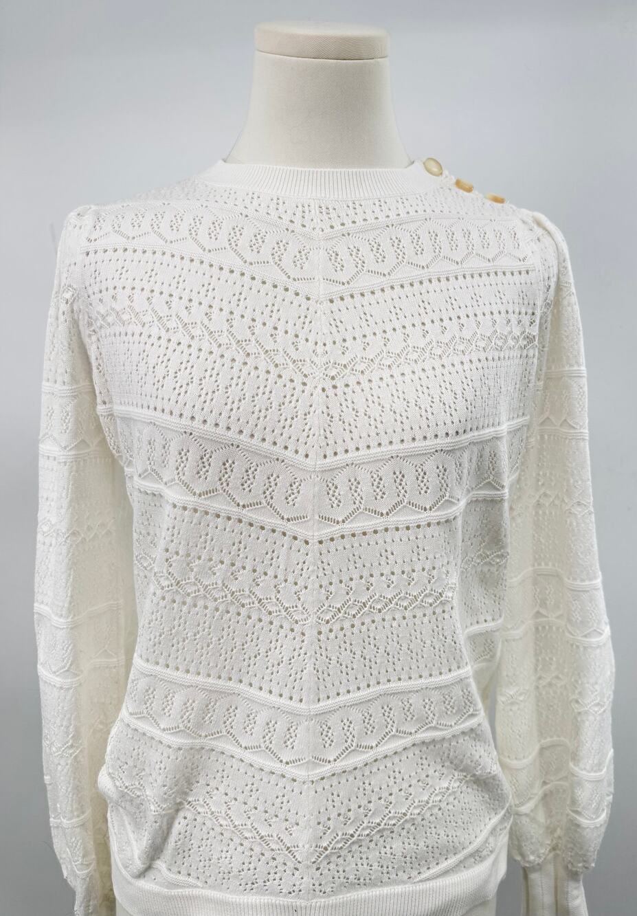 Sezane White Soline Crochet Cotton Sweater Pullover Knit Grannycore XS